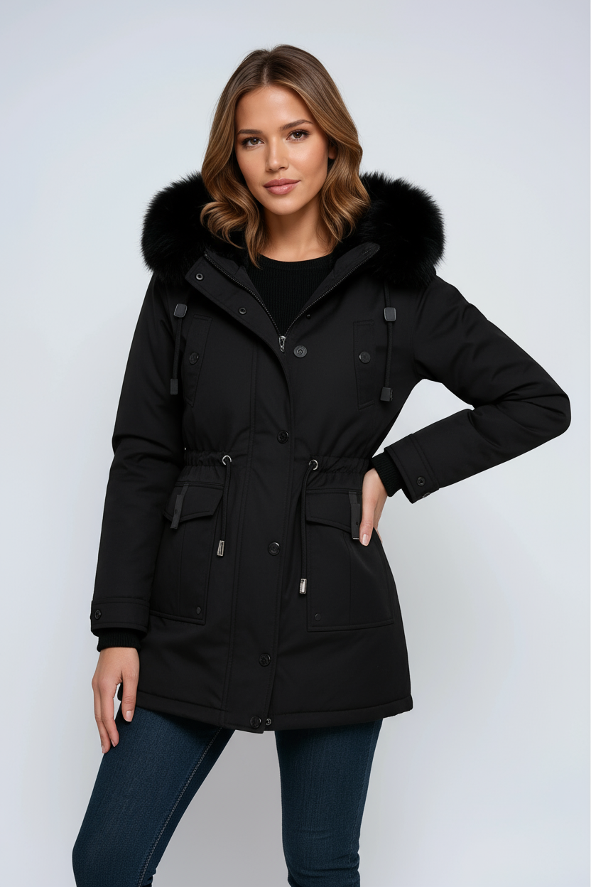 Parka d'hiver femme à capuche bordée de fausse fourrure et taille réglable 2