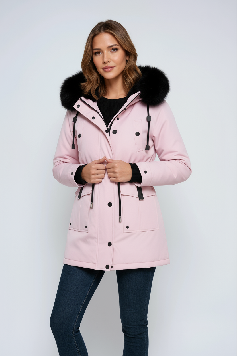 Parka d'hiver femme à capuche bordée de fausse fourrure et taille réglable 4