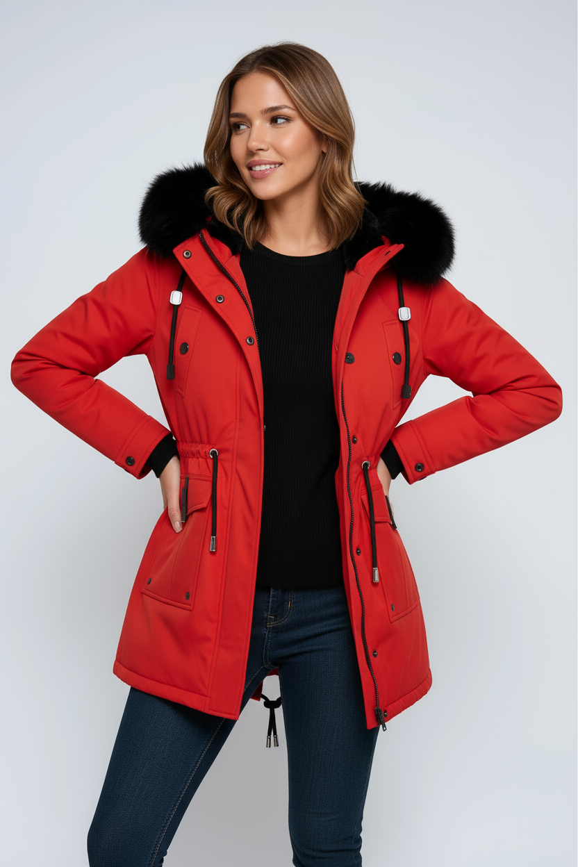 Parka d'hiver femme à capuche bordée de fausse fourrure et taille réglable 5
