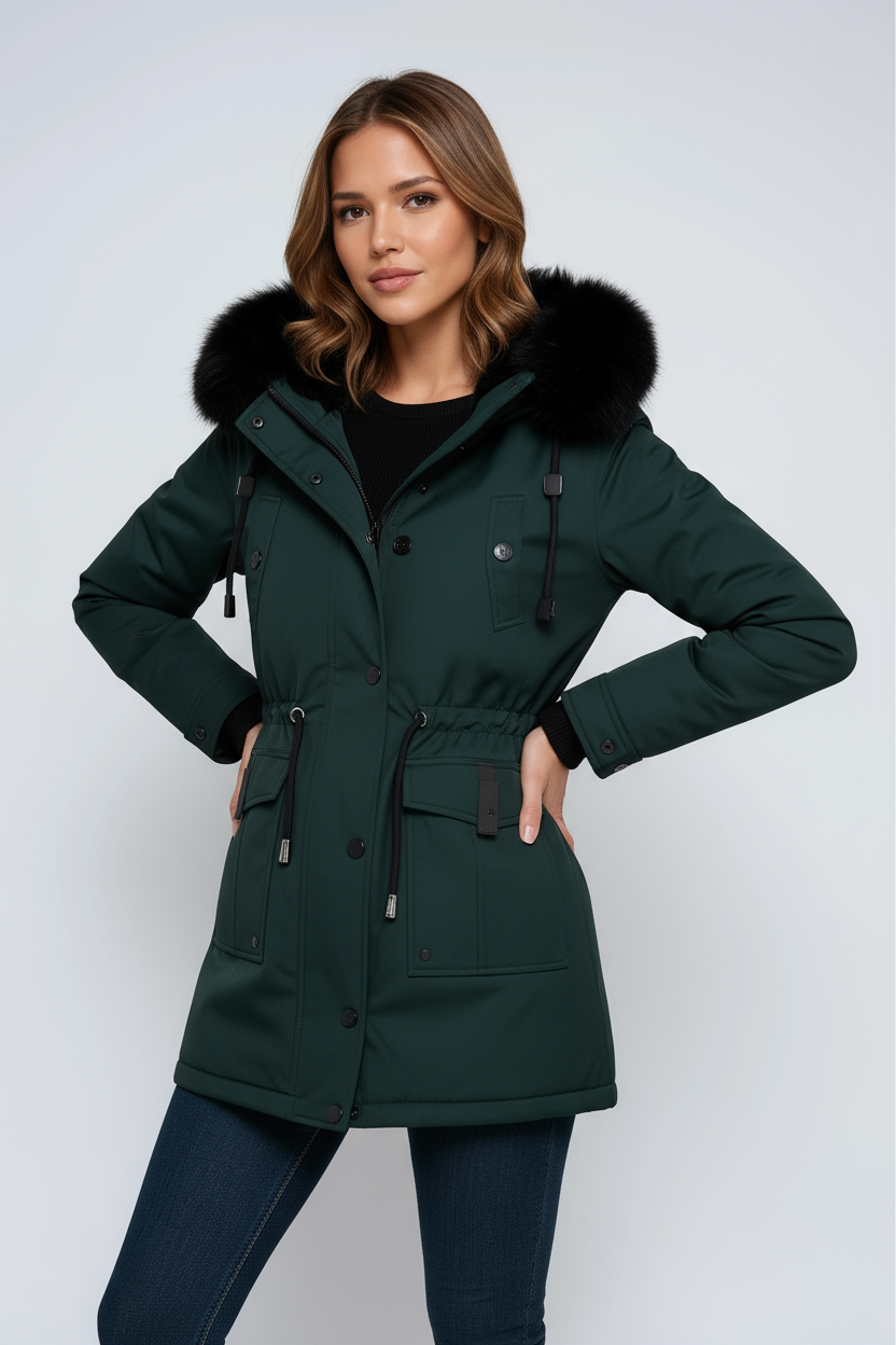 Parka d'hiver femme à capuche bordée de fausse fourrure et taille réglable 7