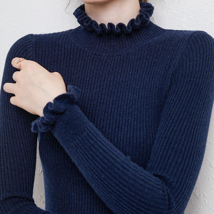 Pull à col roulé femme en laine côtelée à volants 5