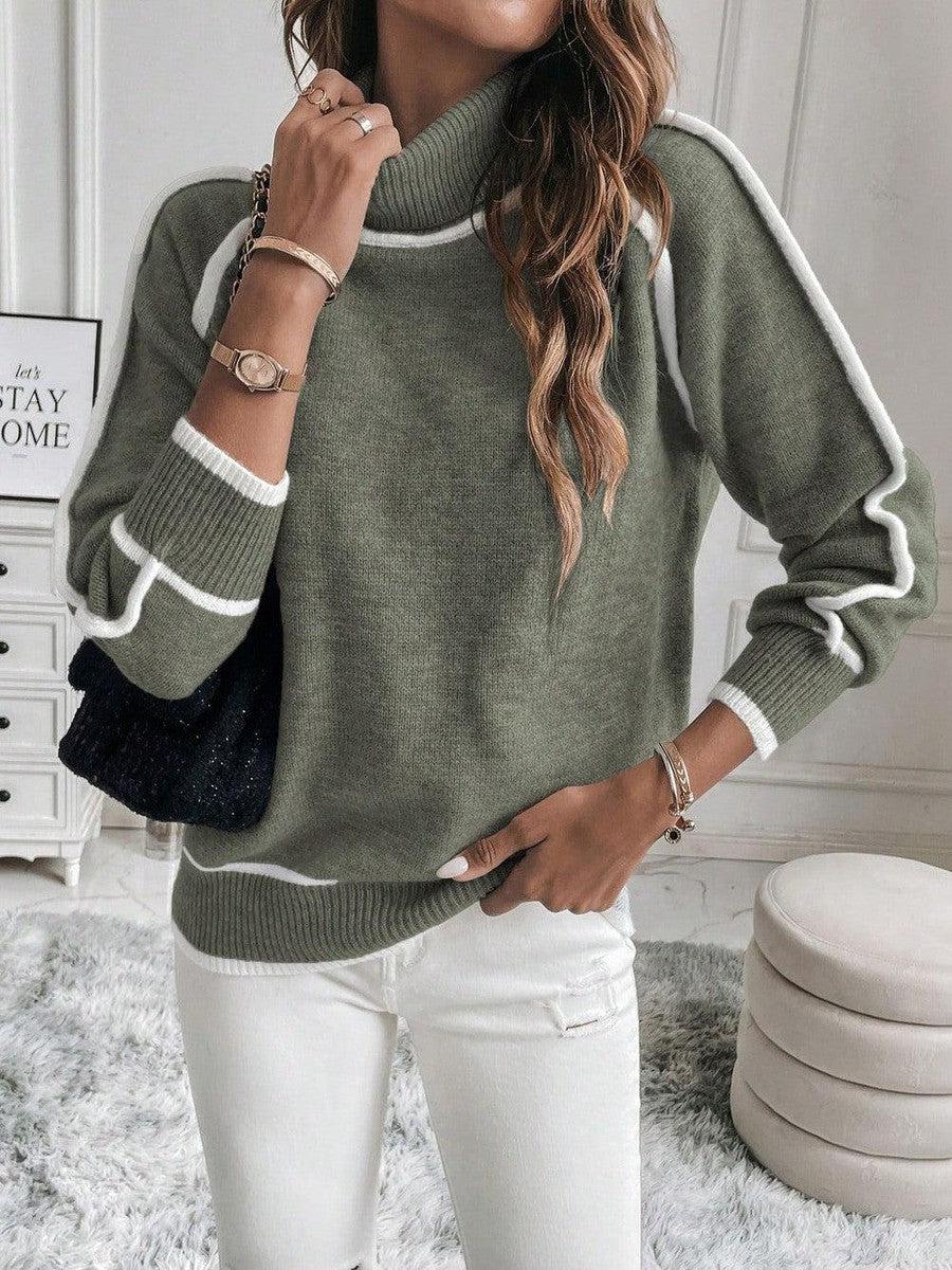Pull à col roulé femme en maille à bordures contrastées 1