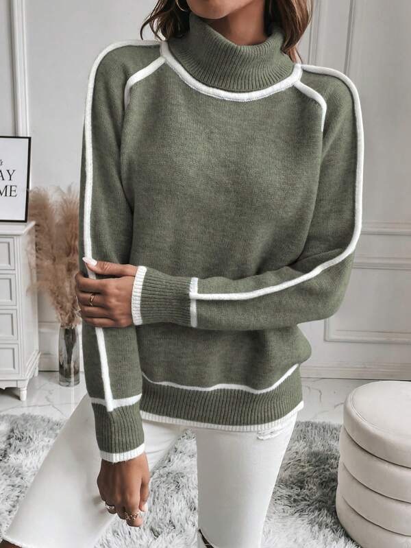 Pull à col roulé femme en maille à bordures contrastées 3