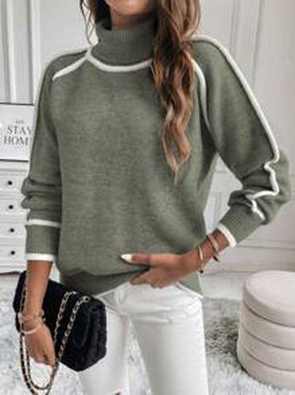 Pull à col roulé femme en maille à bordures contrastées 4