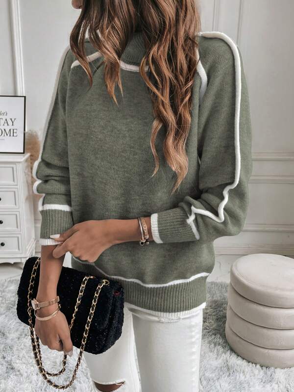 Pull à col roulé femme en maille à bordures contrastées 5