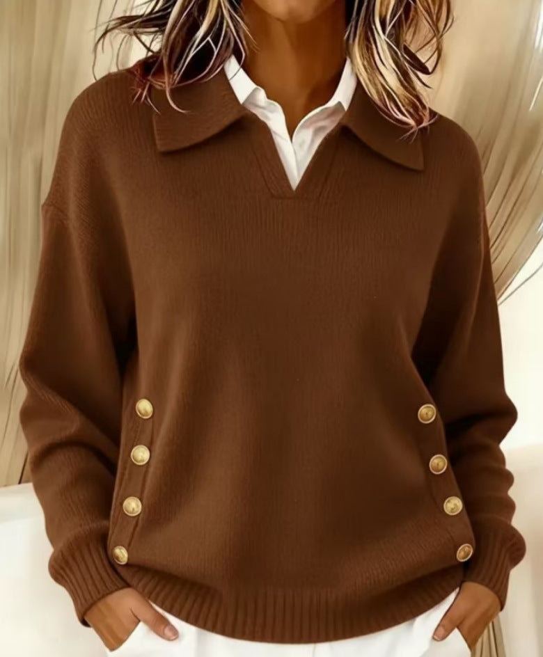 Pull en maille à col polo femme à boutons dorés 2