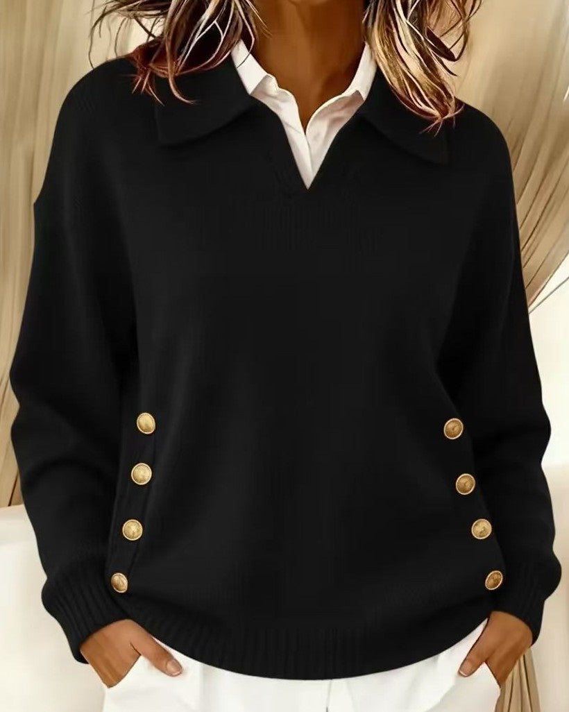 Pull en maille à col polo femme à boutons dorés 3