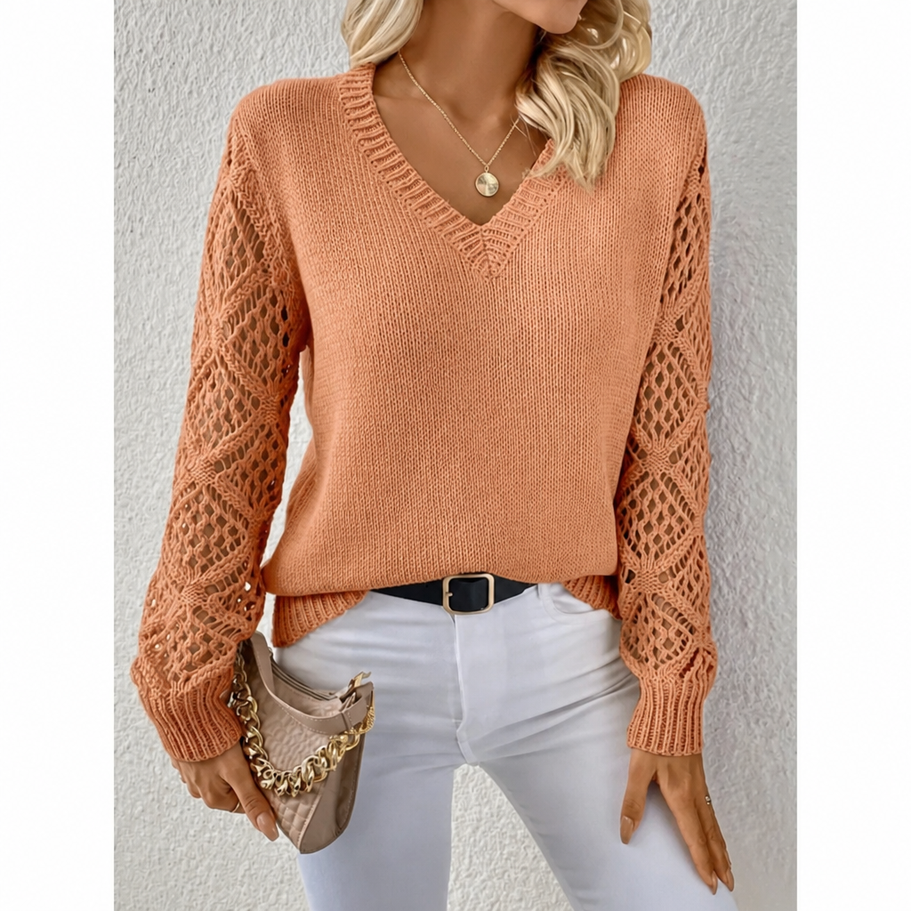 Pull en maille ajourée à col V et manches longues 2