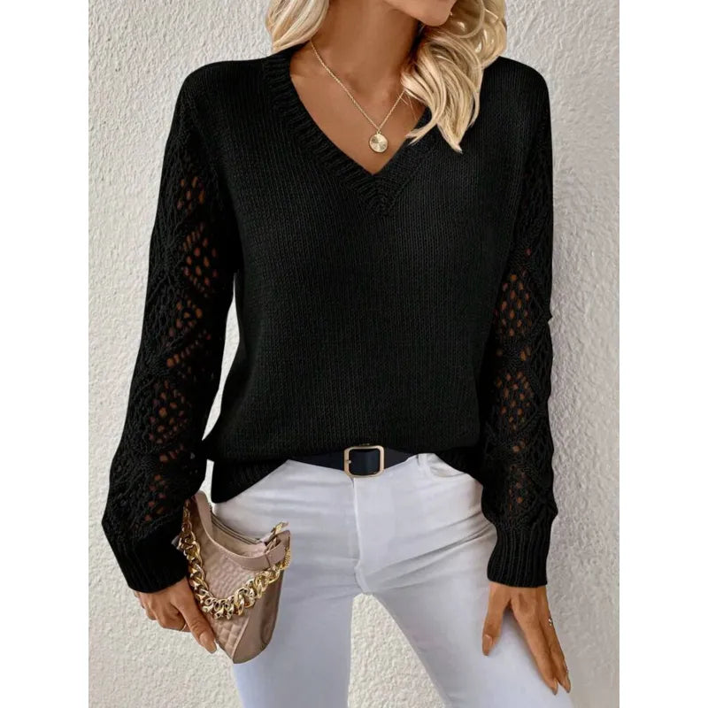 Pull en maille ajourée à col V et manches longues 3