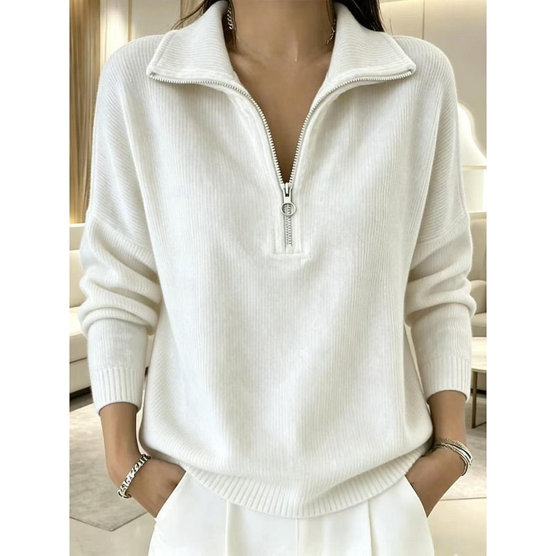 Pull en maille côtelée col montant à demi-zip femme 2