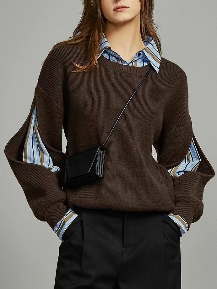 Pull en maille côtelée femme effet 2-en-1 à col rond 1