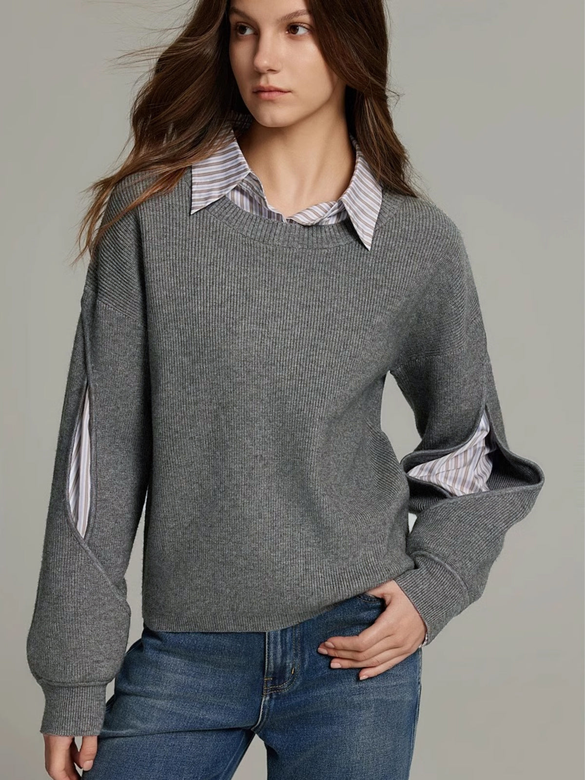 Pull en maille côtelée femme effet 2-en-1 à col rond 6