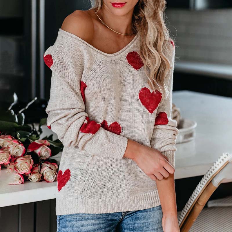 Pull en maille femme à imprimé cœurs à col en V 7