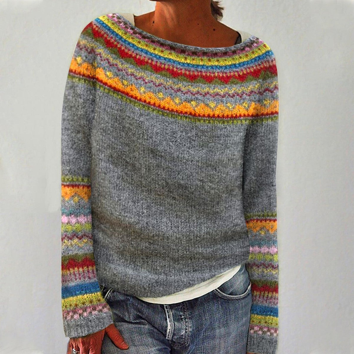 Pull en maille femme col rond à motif jacquard coloré 1