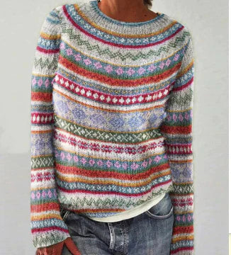 Pull en maille femme col rond à motif jacquard coloré 3