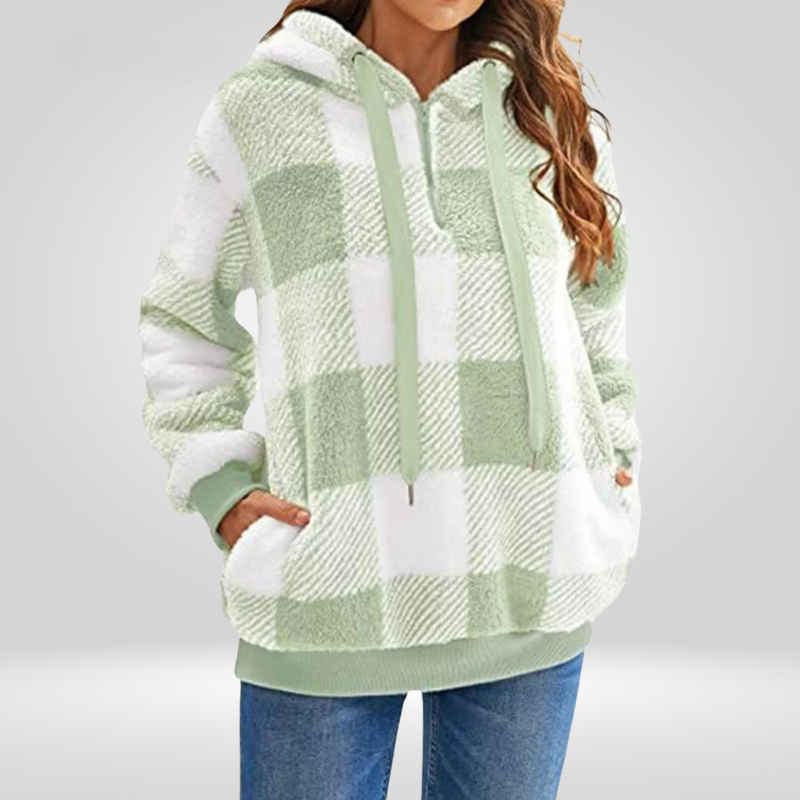 Pull femme à capuche en polaire sherpa à carreaux 4