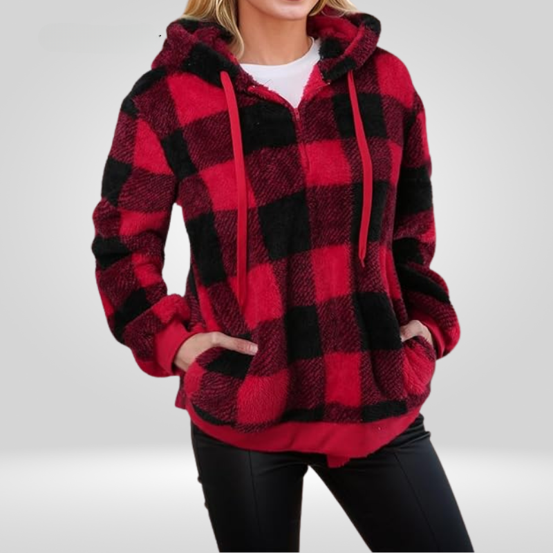 Pull femme à capuche en polaire sherpa à carreaux 6