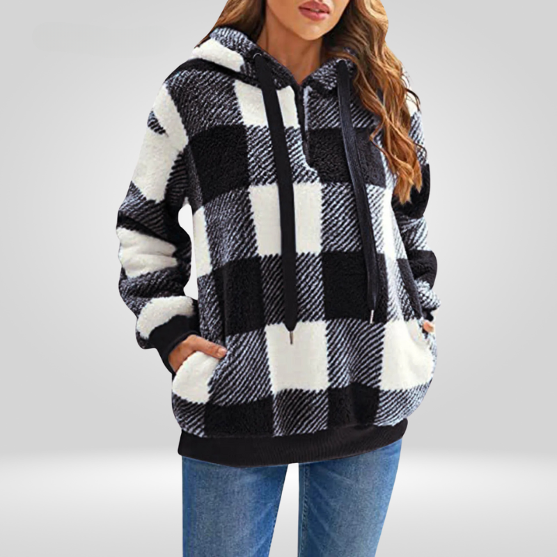 Pull femme à capuche en polaire sherpa à carreaux 7