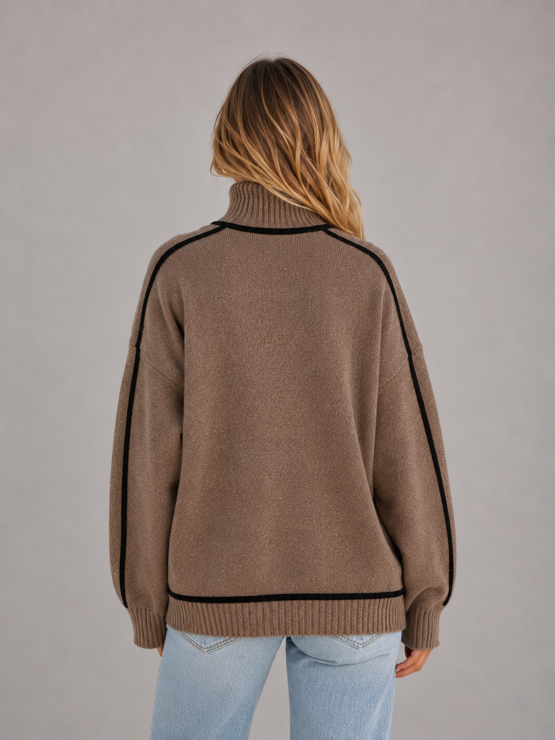 Pull femme col roulé oversize en maille à liseré contrastant 5