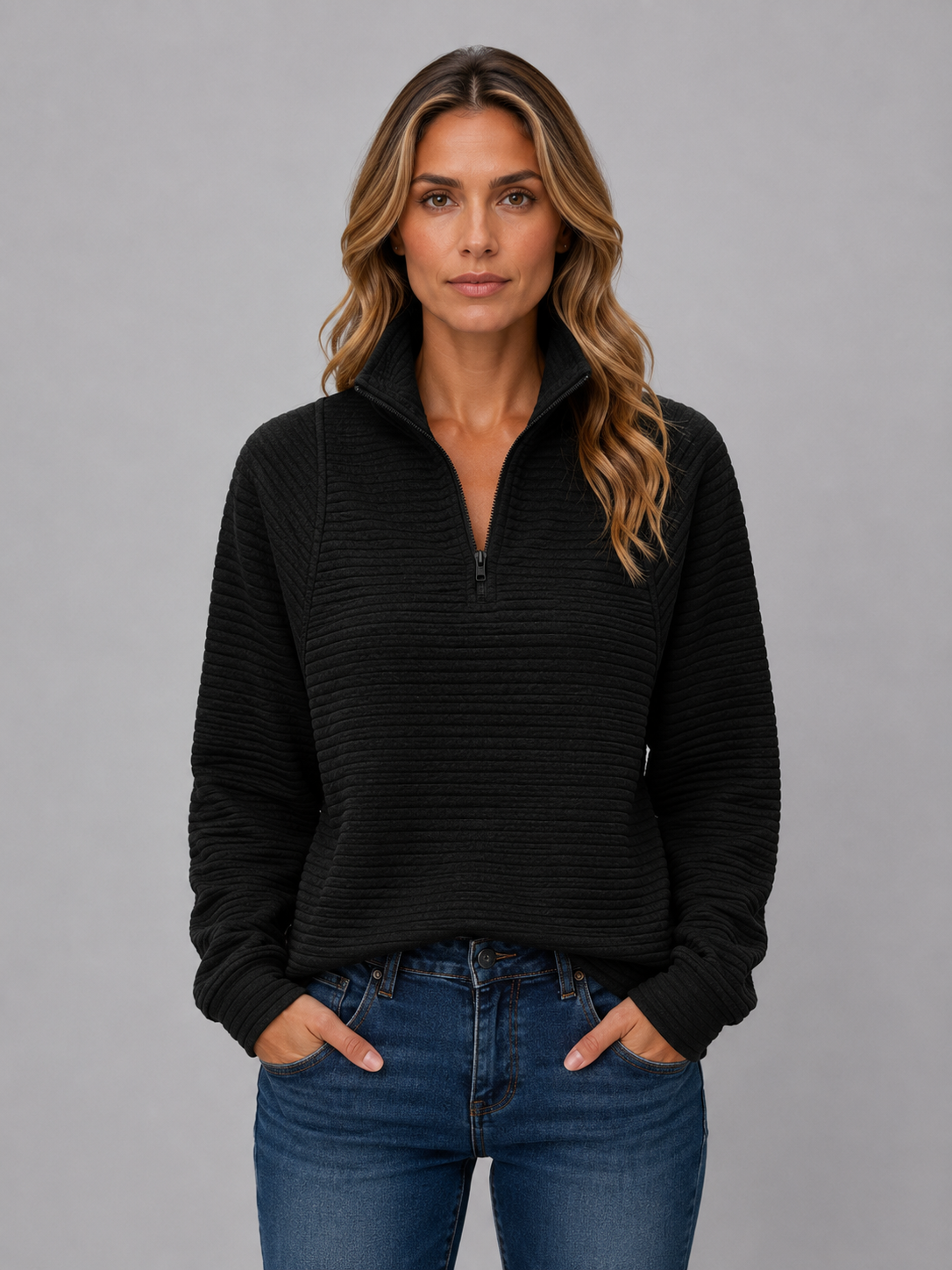 Pull femme demi-zip en maille côtelée à col montant 4