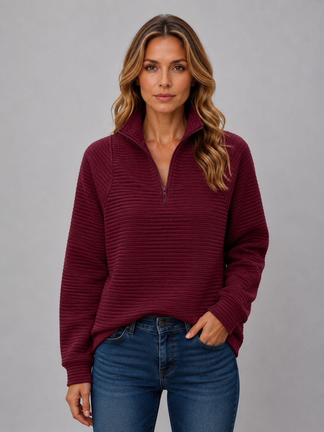 Pull femme demi-zip en maille côtelée à col montant 5