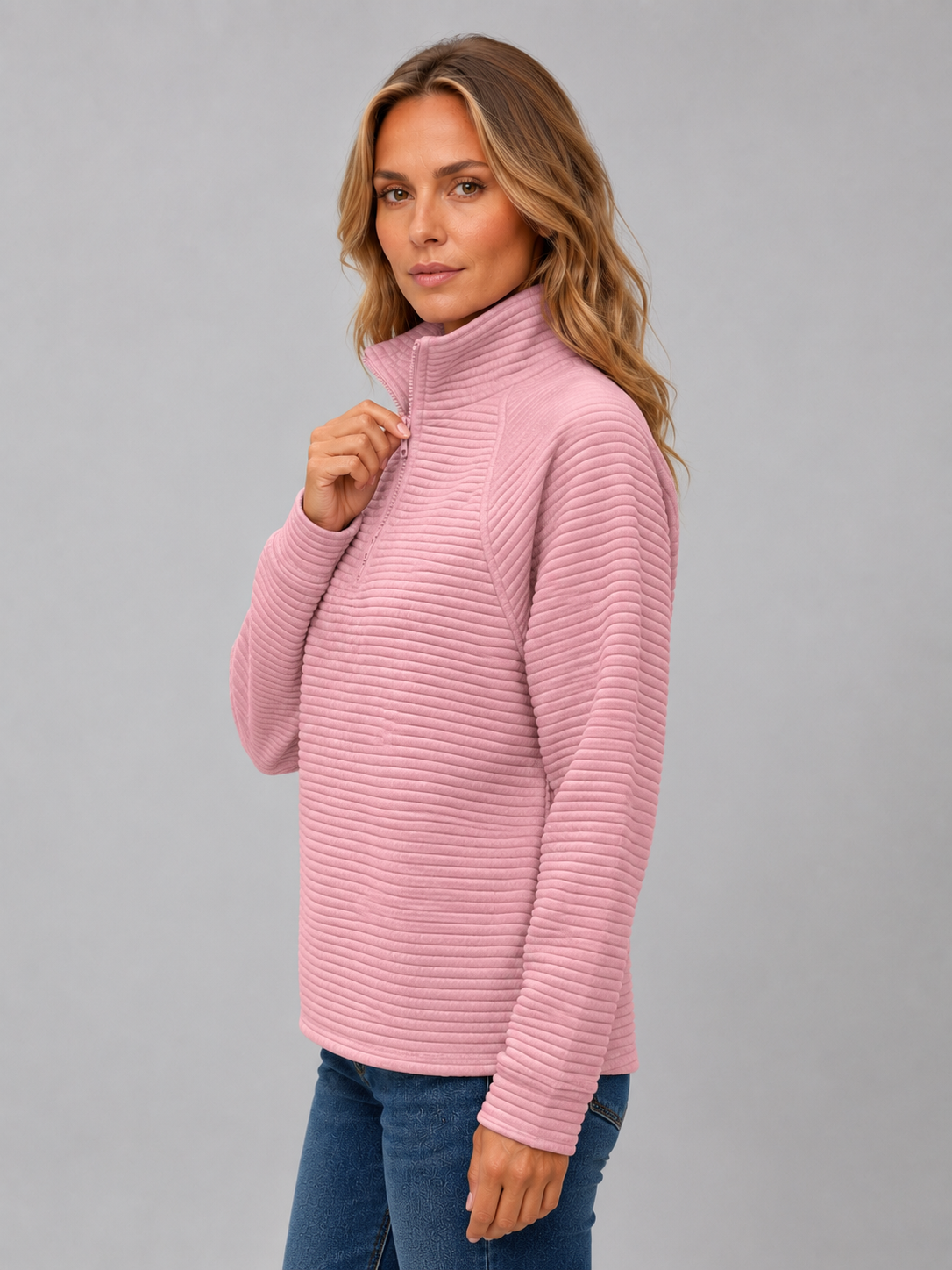 Pull femme demi-zip en maille côtelée à col montant 7