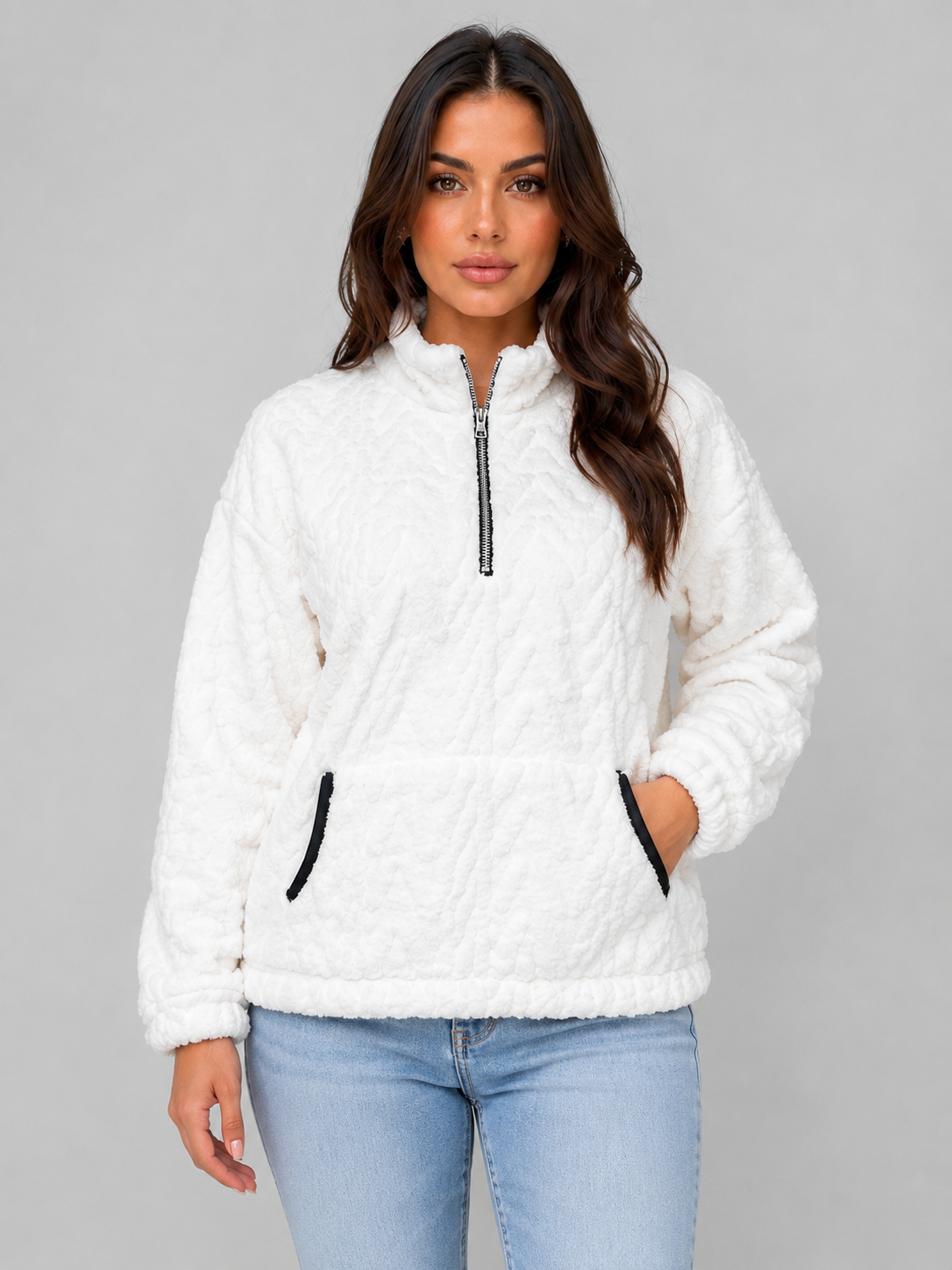 Pull femme demi-zip en polaire sherpa à col montant 1