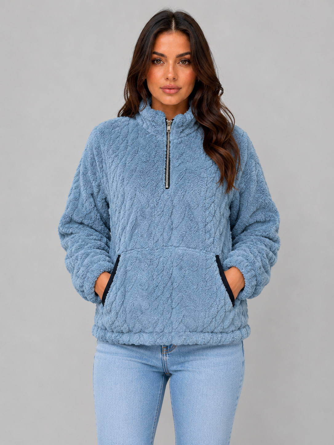 Pull femme demi-zip en polaire sherpa à col montant 5