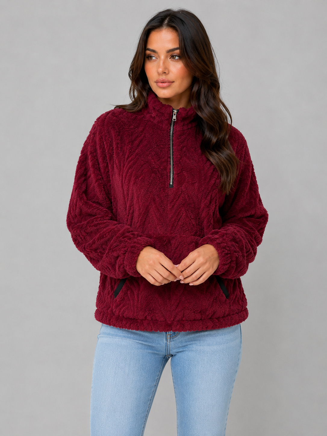 Pull femme demi-zip en polaire sherpa à col montant 6