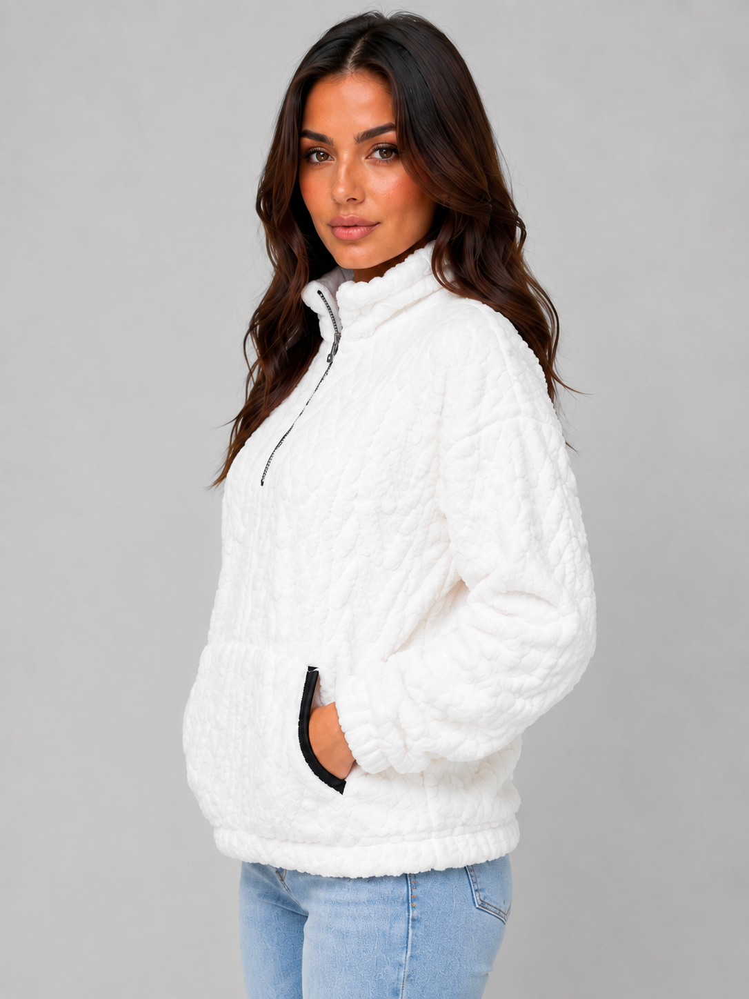 Pull femme demi-zip en polaire sherpa à col montant 9
