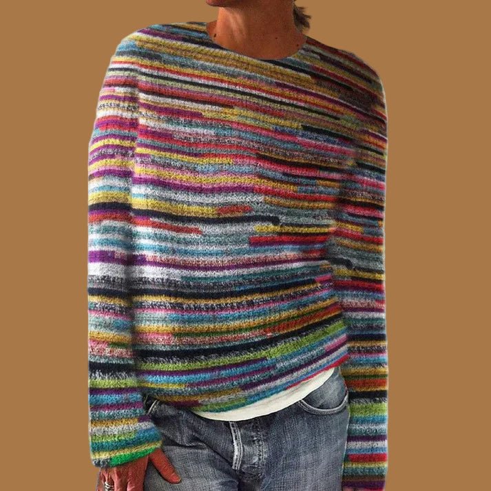 Pull femme en grosse maille rayé à col rond et manches longues 1