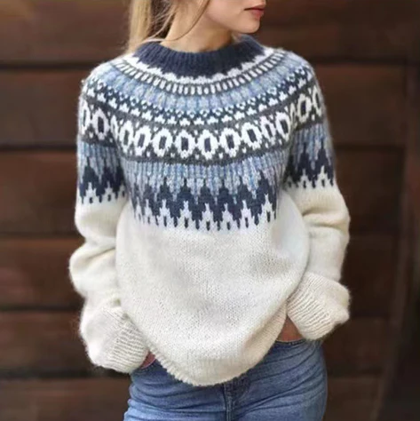 Pull femme en laine à motif nordique col rond et manches longues 1