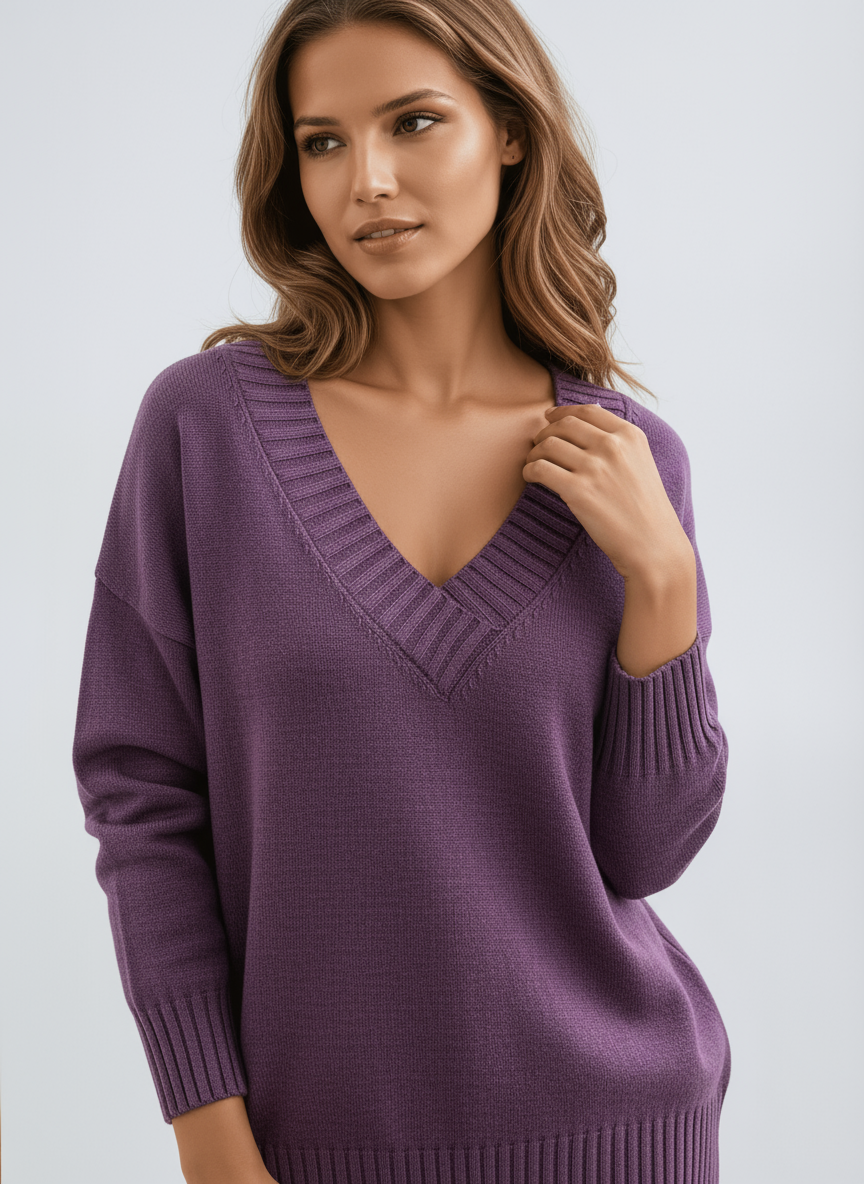 Pull femme en maille à col en V, bords côtelés et coupe ample 10