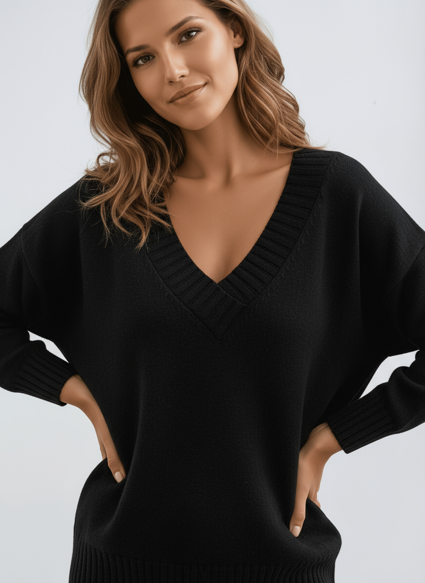 Pull femme en maille à col en V, bords côtelés et coupe ample 2