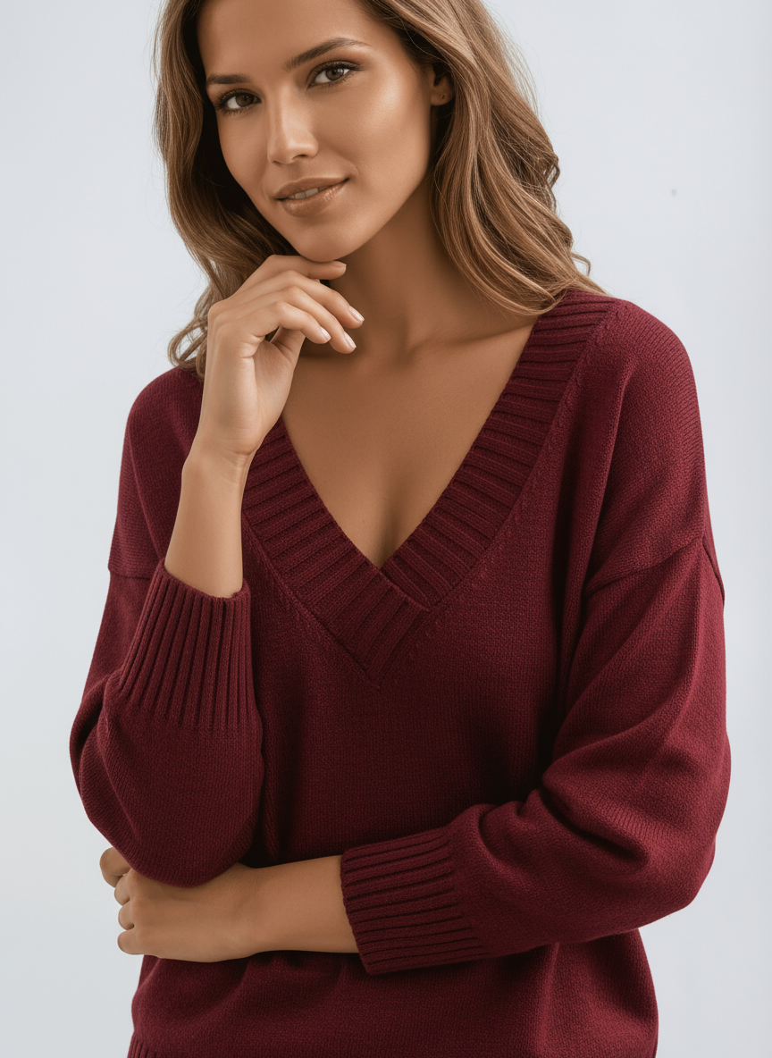 Pull femme en maille à col en V, bords côtelés et coupe ample 7
