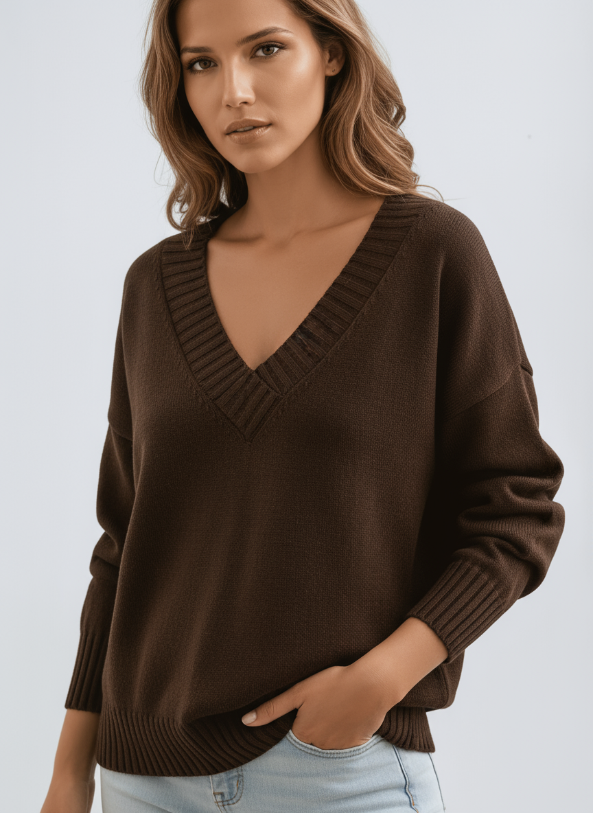 Pull femme en maille à col en V, bords côtelés et coupe ample 9