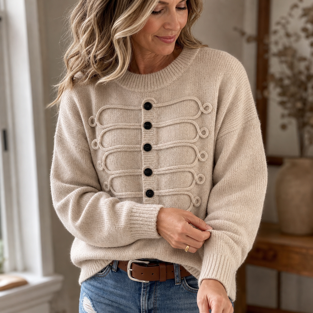 Pull femme en maille à détails tressés et boutons décoratifs 10