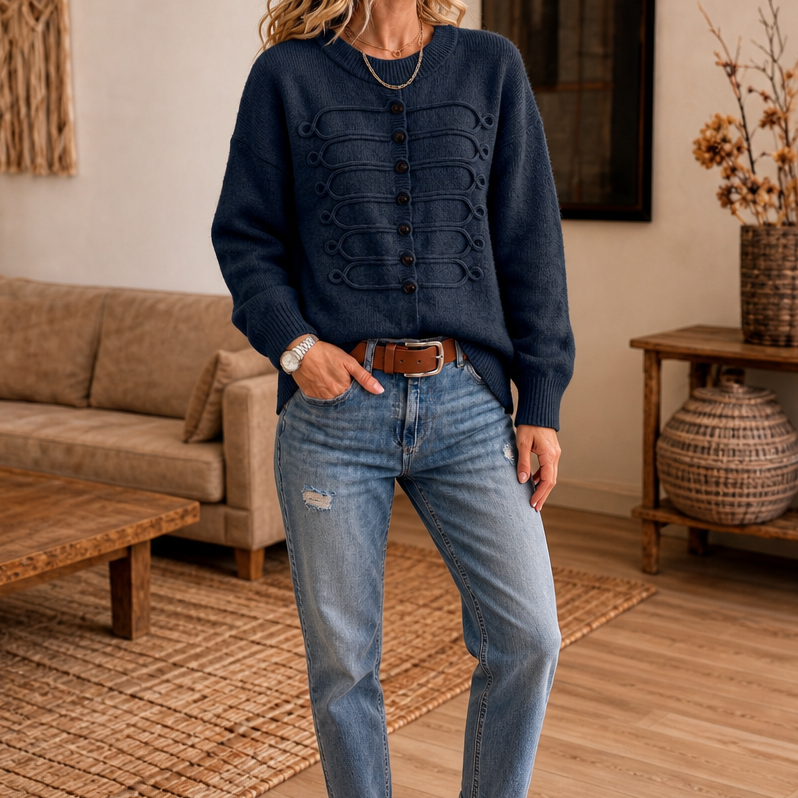 Pull femme en maille à détails tressés et boutons décoratifs 2
