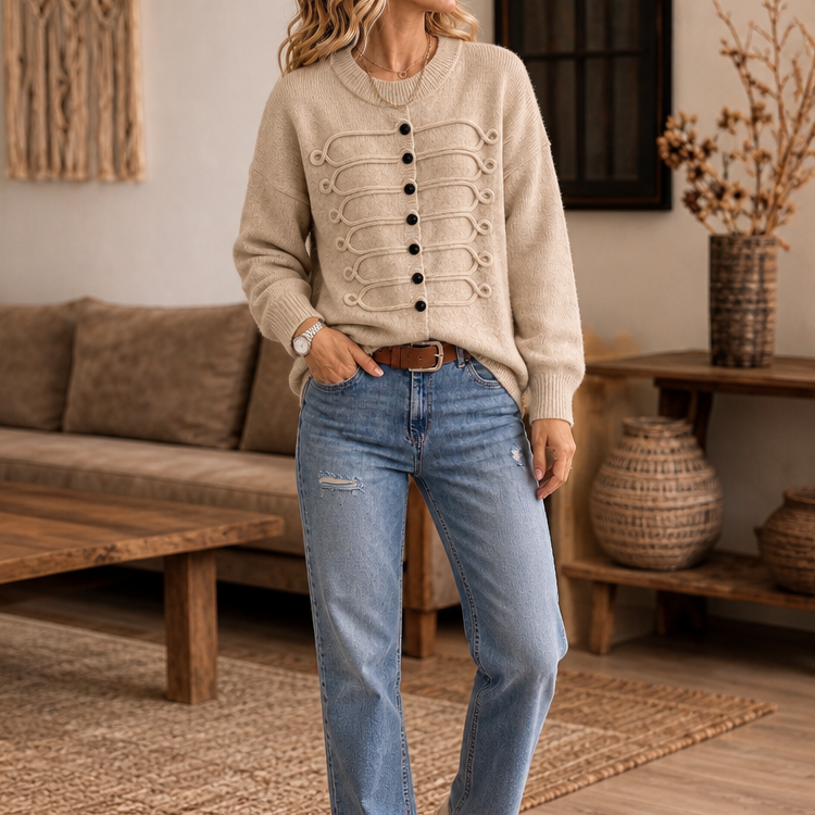 Pull femme en maille à détails tressés et boutons décoratifs 4