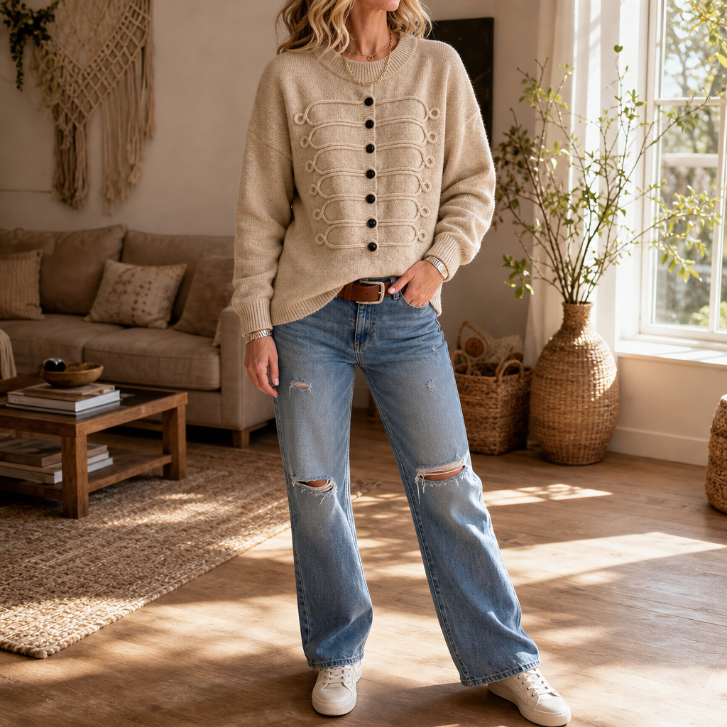Pull femme en maille à détails tressés et boutons décoratifs 8