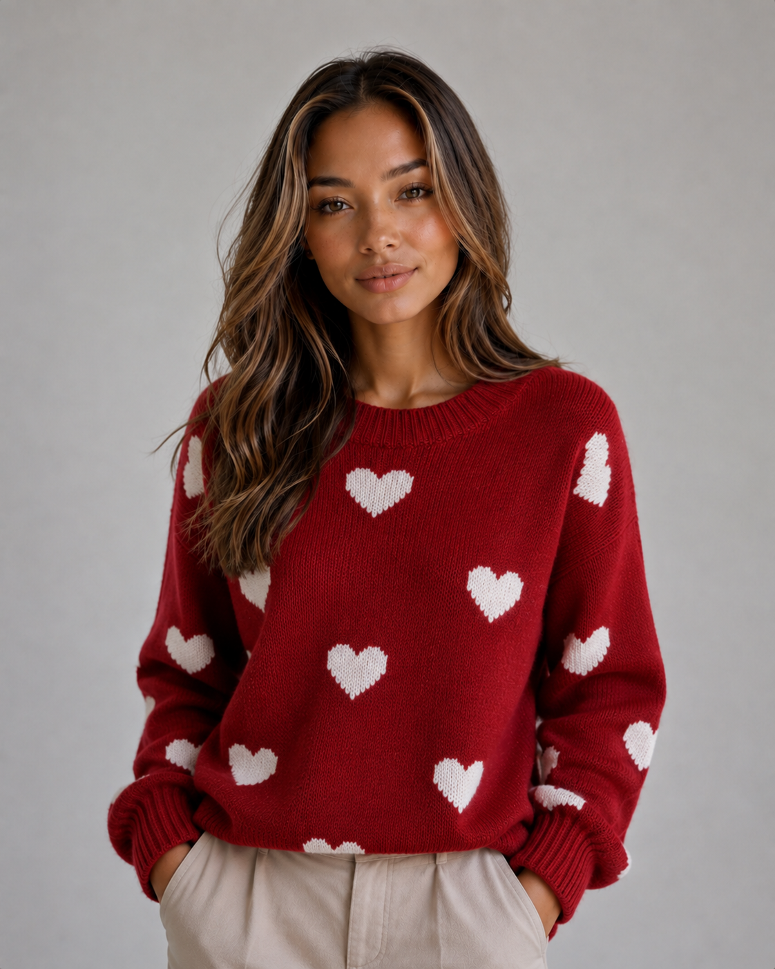 Pull femme en maille à motif cœurs col rond 1