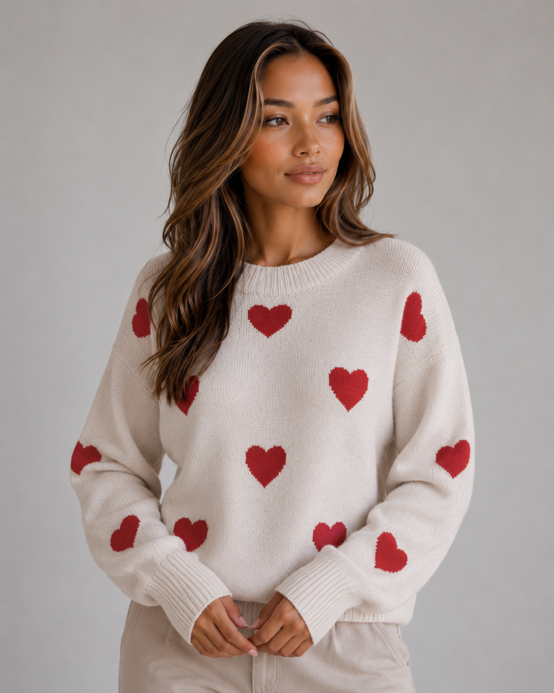 Pull femme en maille à motif cœurs col rond 2