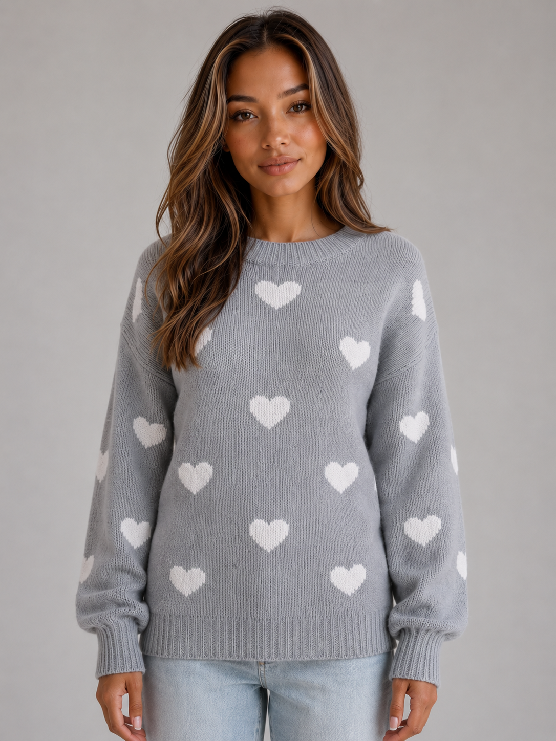 Pull femme en maille à motif cœurs col rond 3