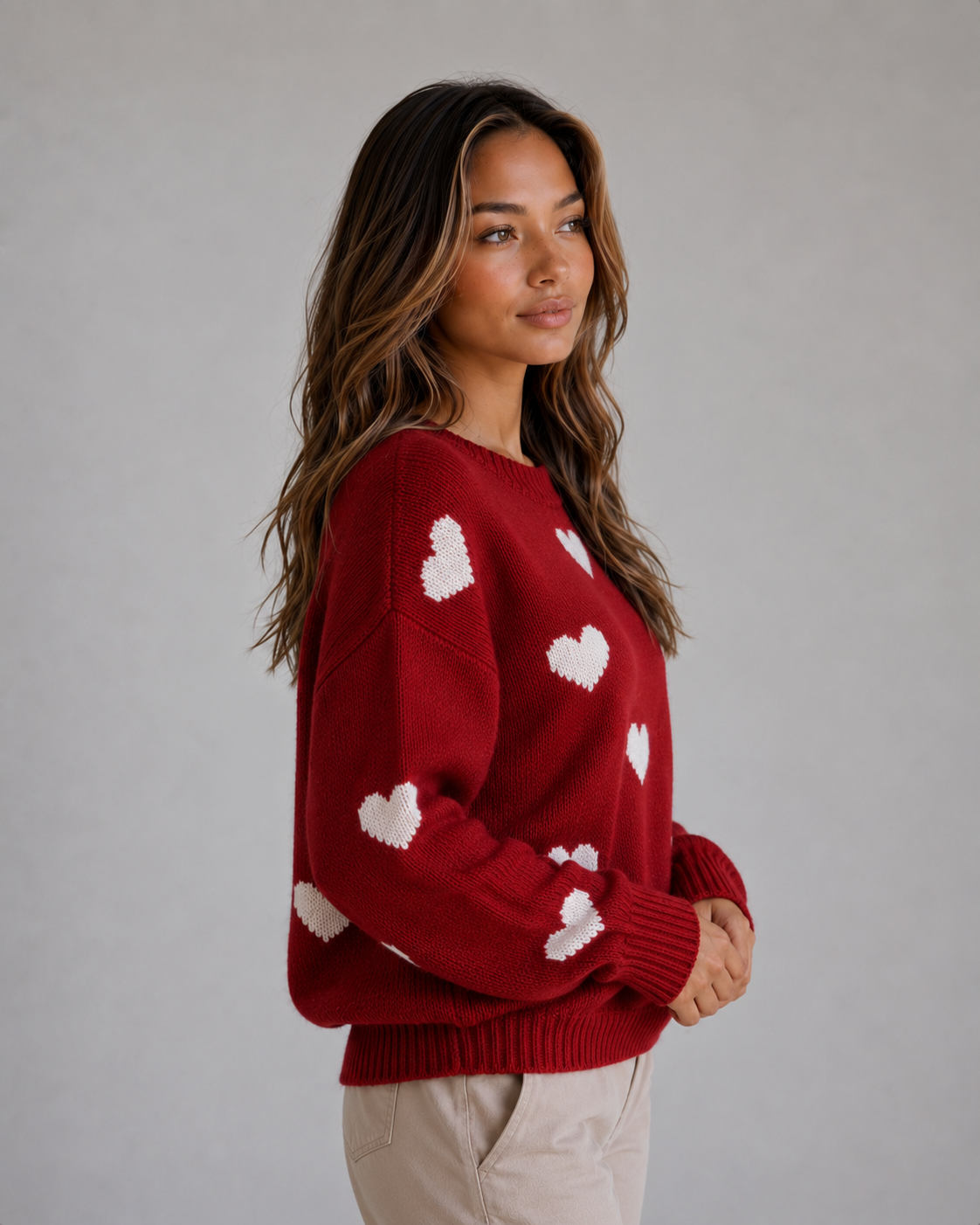 Pull femme en maille à motif cœurs col rond 5