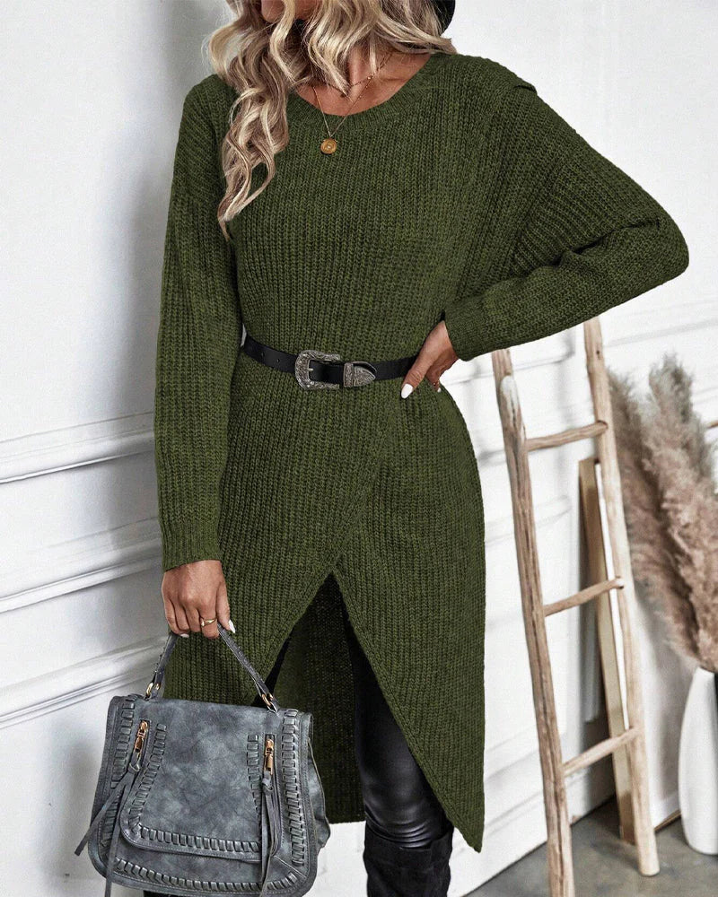 Pull long femme en maille côtelée à col rond et fente devant 1