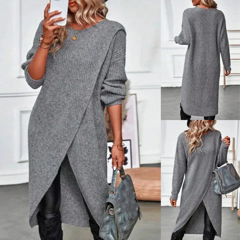 Pull long femme en maille côtelée à col rond et fente devant 12