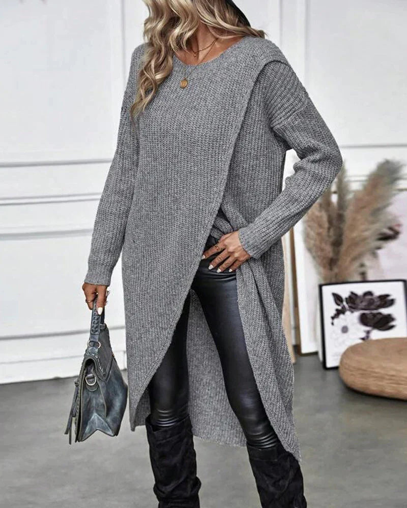 Pull long femme en maille côtelée à col rond et fente devant 2
