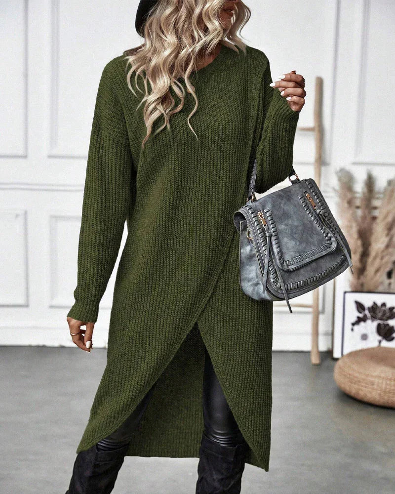 Pull long femme en maille côtelée à col rond et fente devant 5