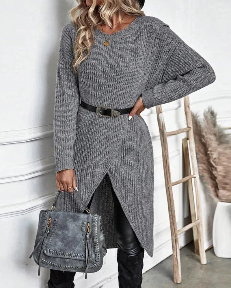Pull long femme en maille côtelée à col rond et fente devant 7