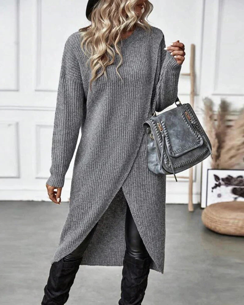 Pull long femme en maille côtelée à col rond et fente devant 8